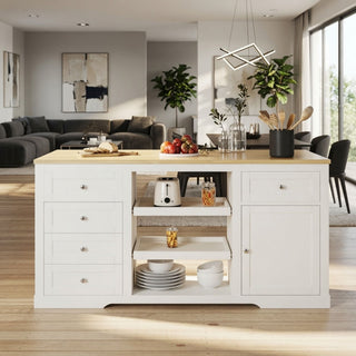 Drop Leaf Kitchen Island With Storage, Power Outlet & Pet Bowl Drawer - White / Light Oak
