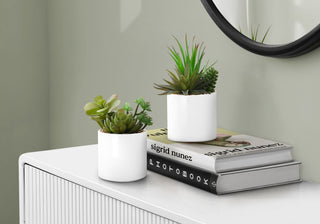 7" Tall, Artificial Plant, Succulent, Indoor, Faux, Fake, Table, Greenery, Potted, Decorative (Set of 2) - Green / White