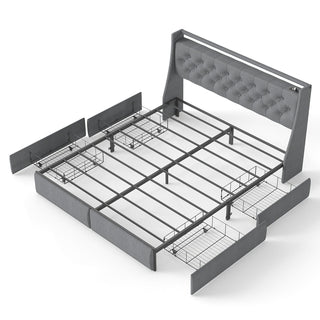 Platform Bed Frame With RGB LED Lights, Charging Station, Storage Headboard & 4 Underbed Drawers