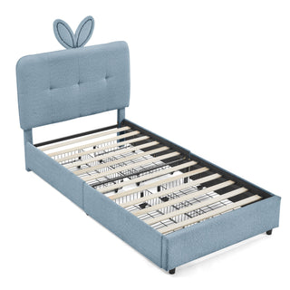 Upholstered Bed With Oversized Rabbit Ear Headboard, LED Lights & 4 Storage Drawers