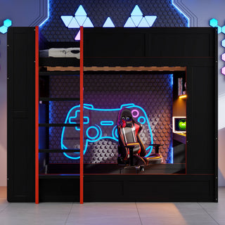 Full Size Gaming Bunk Bed With Desk, Storage Shelves, LED And Charging Station - Black