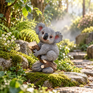 Koala Garden Statue Hand Painted Animal Sculpture With Log For Patio Home Decor - Dark Gray