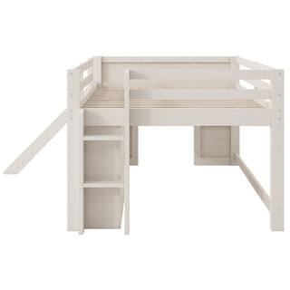 Modern Low Loft Bed With Slide, 3 Storage Drawers, And 2 Doors
