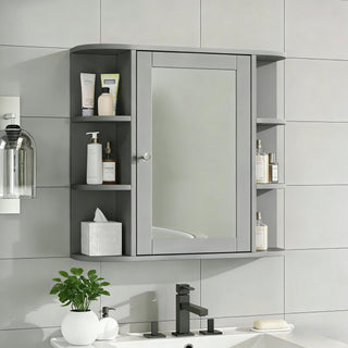 Bathroom Wall Storage Cabinet With Mirror And Adjustable Shelf, 6 Open Shelves