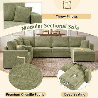 Modular 5 Seat U-Shape Sectional Sofa With Chaise Lounge, Built In Cup Holders And Storage Drawer