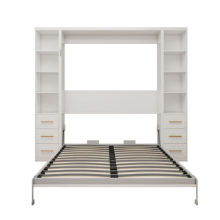Queen Size Murphy Wall Bed With Side Storage Cabinets - White