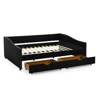 Upholstered Tufted Daybed With 2 Drawers, Waved Arms