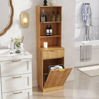 Tall Narrow Fluted Storage Cabinet With Trash Bin Compartment For Kitchen (Trash Can Not Included)