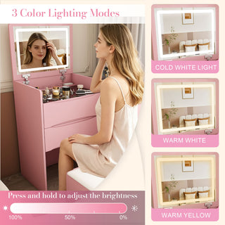 Flip Mirror Vanity Desk With Adjustable LED Lights & Stool For Bedroom