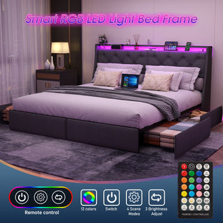 Bed Frame With Storage Headboard, RGB LED Light & USB Charging Station