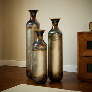 Modern Droplet Shaped Floor Vase Set, Glazed Metal Decorative Vases 3 Piece Home Accent For Living Room - Gold / White