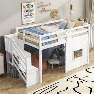 Loft Bed With Storage Staircase, Window & LED Light