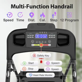 Foldable Electric Treadmill With 2.5Hp Motor, 12Km / H Speed, 3 Incline Levelstooth Music, Heart Rate Sensor, Spacious Running Belt For Indoor - Black