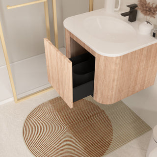 Wall Mounted Bathroom Vanity With Countertop, Sink, Curved Design With Stripe - Natural Wood
