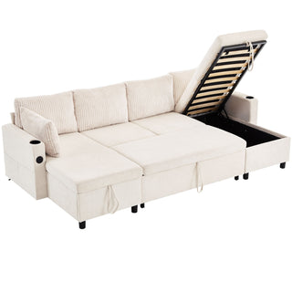 Sectional Sofa Bed With Pull Out Sleeper, USB Ports, Cup Holders