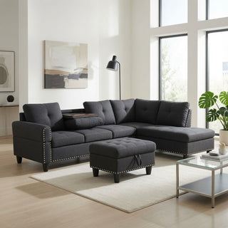 L - Shaped 3 Piece Sectional Sofa With Chaise, Storage Ottoman & Cup Holders