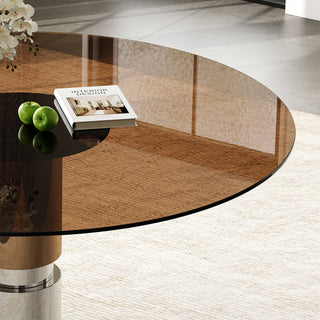 Round Dining Table / Tempered Glass Top - Brown