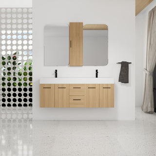 Floating Double Sink Bathroom Vanity Set With Tall Linen Cabinet, Drawers And Doors, Extra Large Storage, Integrated Sink, Soft Close Hardware - Glossy White / Light Oak