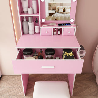 Vanity Table With Mirror, Adjustable LED Lights, Power Outlet, Hairdryer Holder & Stool