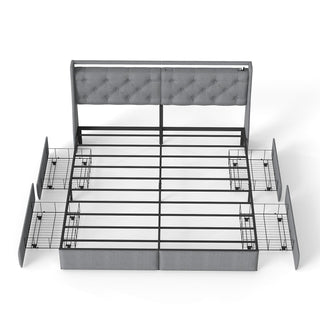 Platform Bed Frame With RGB LED Lights, Charging Station, Storage Headboard & 4 Underbed Drawers