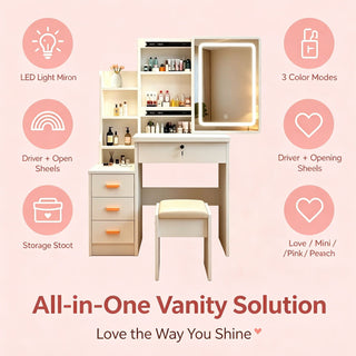 Vanity Set With LED Mirror, Storage Dressing Table & Cushioned Stool - Cream White