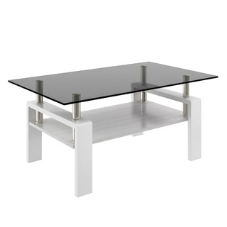 Modern Rectangular Coffee Table With Tempered Transparent Glass Top And Storage Shelf