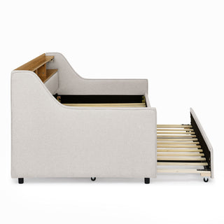 Upholstered Sofa Bed With LED Lights, Storage Headboard, Foldable Trundle & Wireless Charging