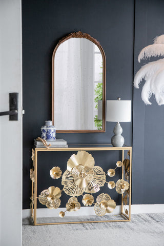 Hand Carved Rose Antique Mirror Frame, Wood Arch Mirror Wall Decor For Living Room