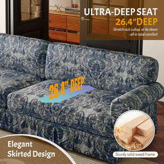 Luxuriously Comfortable Cloud Couch Sofa With Elegant Rolled Arms & Pleated Skirt Design