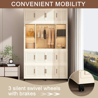 Portable Wardrobe Closet Storage Organizer With 17 Magnetic Doors, 17 Cubes, Hanging Rod & 6 Hangers - Creamy White