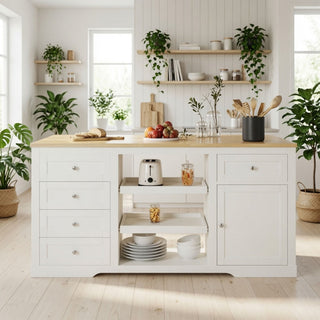 Drop Leaf Kitchen Island With Storage, Power Outlet & Pet Bowl Drawer - White / Light Oak