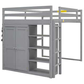 Loft Bed With Built In Wardrobe, Storage Shelves, And LED Light