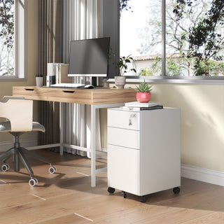 3-Drawer Mobile File Cabinet With Lock, On Wheels, Two Shallow & One Deep Drawer For Office/Home, Fully Assembled - White