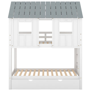 Twin Size House Bunk Bed With Trundle, Roof And Windows - White / Gray