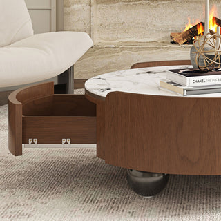 Round Coffee Table With Ball Feet, Dual Storage Drawers For Living Room - Walnut Brown
