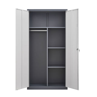Wardrobe With Hanging Rod And Compartments, Lockable Closet With Locks & Keys For Bedroom - Gray