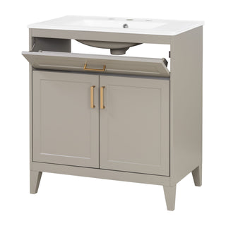 30" Bathroom Vanity With Sink Top, Soft Close Double Doors & Tip Out Drawer, Adjustable Interior Shelf, Door Mounted Organizers - Beige