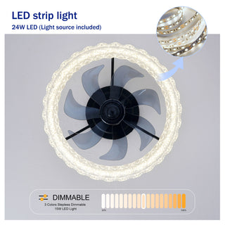 LED Light Source And Remote Control, 3000 - 6500K Dimmable Flush Mount LED Fan Light, 6 Speeds, Quiet DC Motor - Matte Black