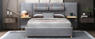 Upholstered Platform Bed, 2 Outlets And USB Charging Ports On Both Sides, 2 Bedside Pillows, Storage Shelves