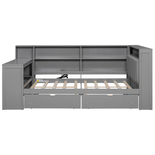 Platform Bed With Storage Shelves, Drawers, Charging Station, LED, Desk