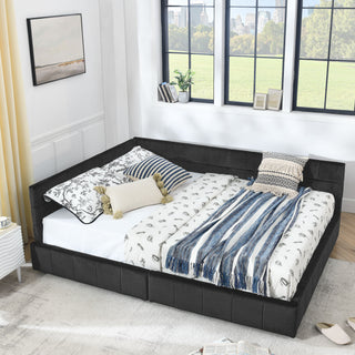 Mid-Century Storage Upholstered Tufted Bed Frame With Backrest And Armrests