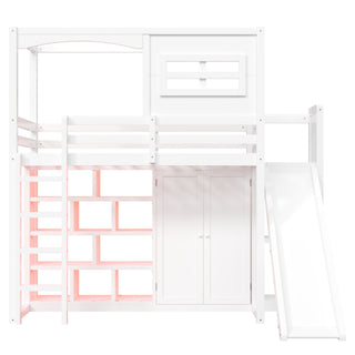 Twin Size Loft Bed With Wardrobe, Storage Shelves, Slide And LED - White