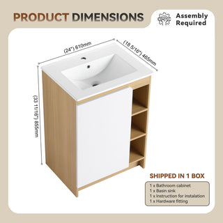 24" Bathroom Vanity With Sink & Wall Mounted Side Cabinet, Vanity Set With Thin Edge Sink, Interchangeable & Door Panels, Open & Hidden Storage - Black / Light Oak / White