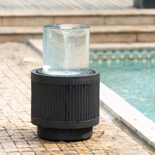 Heavy Cement Round Ribbed Outdoor Water Fountain With Light - Black White