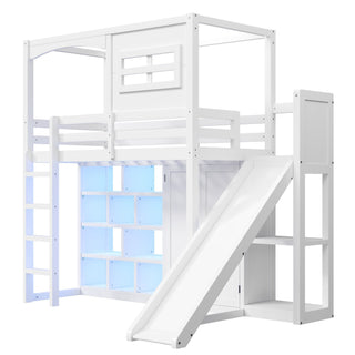 Twin Size Loft Bed With Wardrobe, Storage Shelves, Slide And LED - White