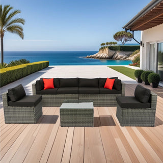 5 Pieces Rattan Sectional Outdoor Furniture Cushioned U Sof Set With 2 Pillow - Gray / Black