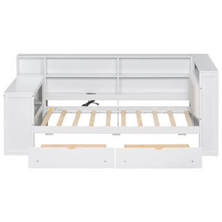 Platform Bed With Upholstered Headboard, Storage Shelves, Drawers, Charging Station, LED Lighting, Built In Desk
