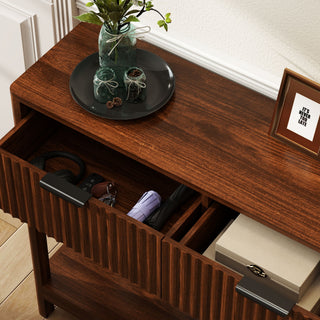 Mid-Century Modern Fluted Console Table With 2 Drawers & Open Shelf, Walnut Finish Narrow Entryway Table, Slim Sofa Table For Hallway, Living Room, Small Spaces, Easy Assembly