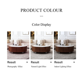 Round Coffee Table With 2 Drawers For Living Room - Walnut Brown / White / Multi