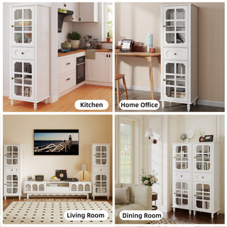 Storage Cabinet, Freestanding Curio Cabinet With Grid Doors & Drawer, Pantry Display Cabinet For Kitchen